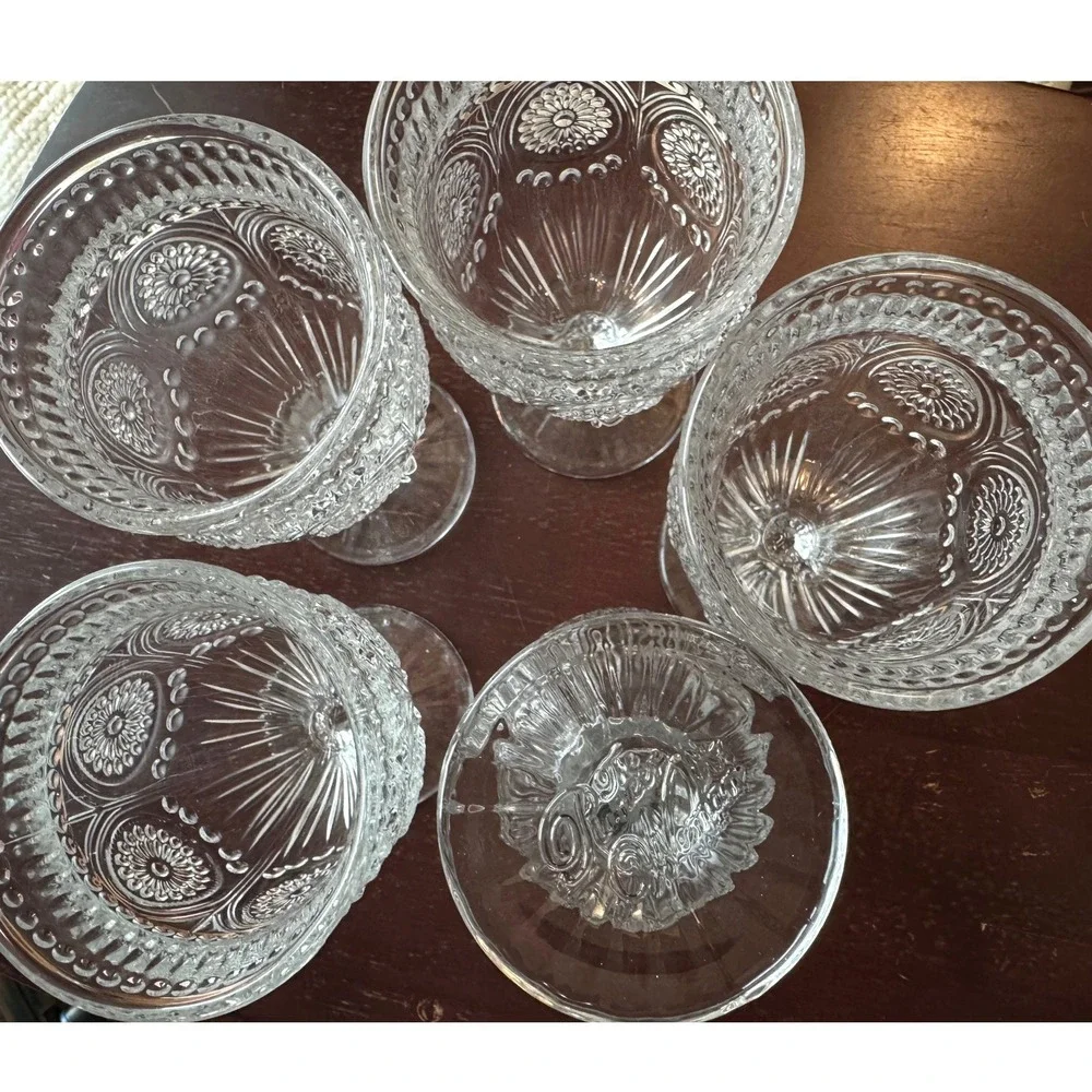 Pioneer Woman Adeline Goblets Set Of 5 Clear 12 Oz Embossed Floral Pressed Glass